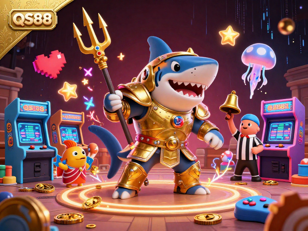 Experience QS88's thrilling underwater casino adventure with a fierce shark gladiator.