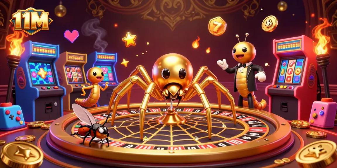 Dynamic 11M casino scene with a spider, fly, and centipede amidst vivid game elements.