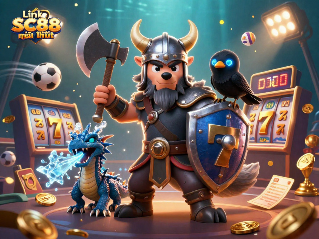 Engage with Link SC88 mới nhất in a thrilling 3D casino scene featuring warrior characters and dynamic games.