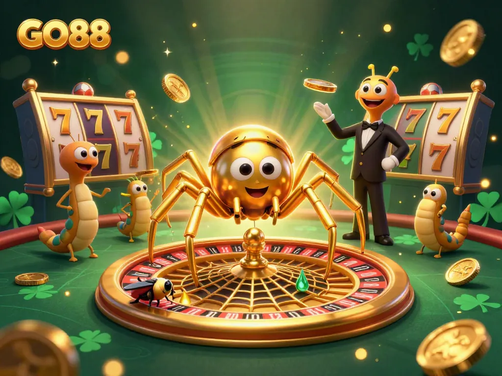 Experience thrilling gameplay at GO88 with a golden spider and centipede croupier illustration.