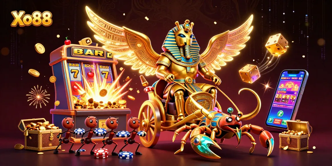 Xo88 showcases an epic jackpot scene with vibrant casino symbols, a golden scarab beetle, and scorpions.