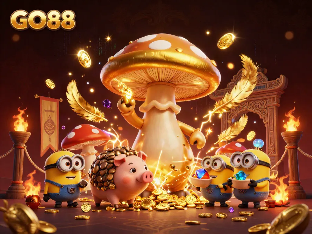 Engage with the enchanting GO88 online casino world, showcasing a golden wizard and treasures.