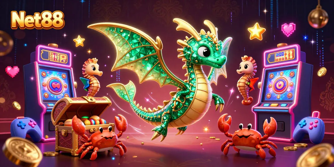 Engage with Net88 in a vibrant 3D casino illustration showcasing a leafy sea dragon, royal seahorse guards, and slot machines.