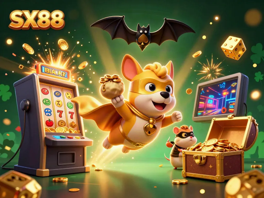 SX88 illustrates an exhilarating casino adventure with a superhero dog and hamster amidst jackpots and gaming excitement.