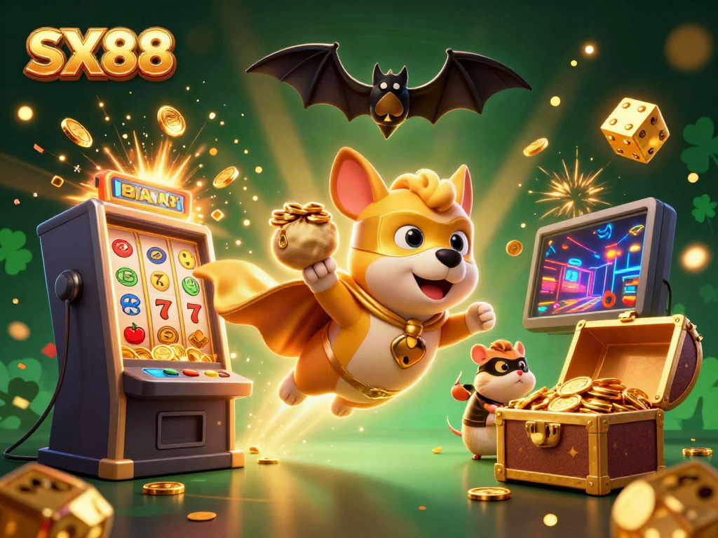 SX88 illustrates an exhilarating casino adventure with a superhero dog and hamster amidst jackpots and gaming excitement.