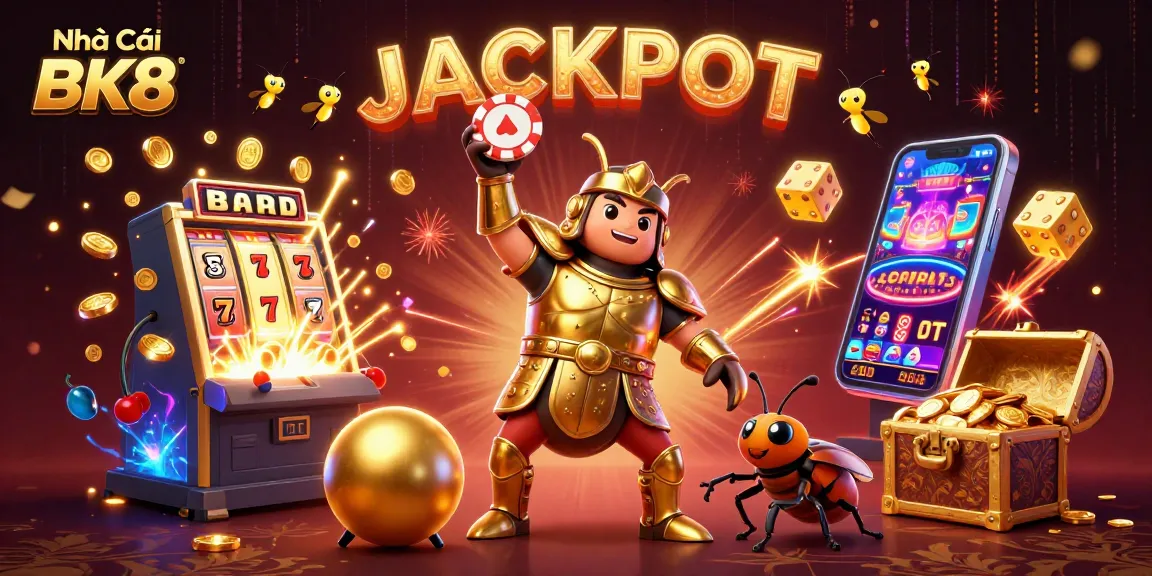 Experience thrilling excitement at Nhà Cái BK8 with a vibrant jackpot scene featuring dynamic 3D characters and casino elements.