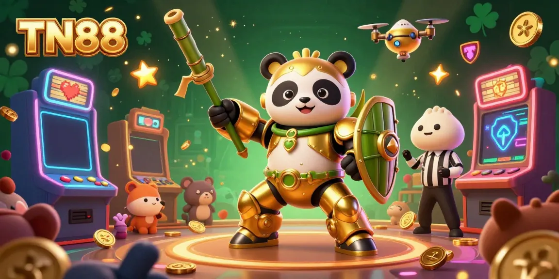 Experience the thrilling action of TN88 with a mech-suit panda and vibrant casino gaming elements.
