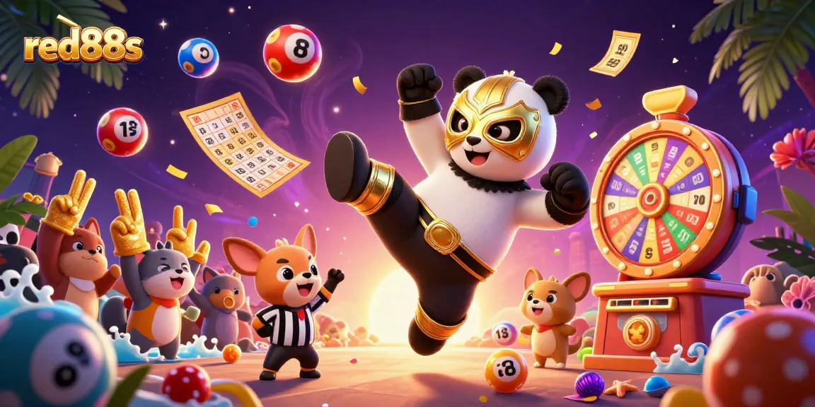 red88s shows a panda wrestler kicking while animals cheer in a vibrant casino atmosphere.