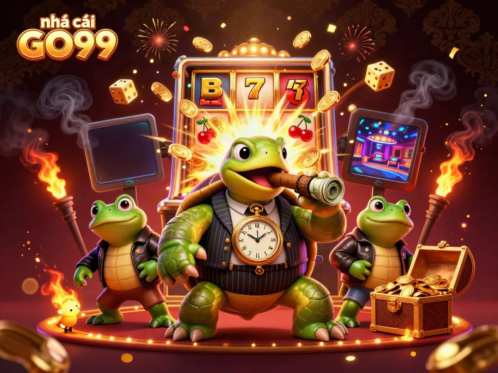 Experience thrilling wins with nhà cái GO99 in this vibrant casino scene featuring a snapping turtle and frog enforcers.