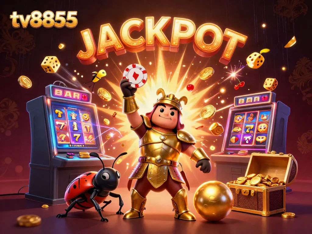 Experience the excitement at tv8855 with a herculean beetle championing a jackpot amidst vibrant casino elements.