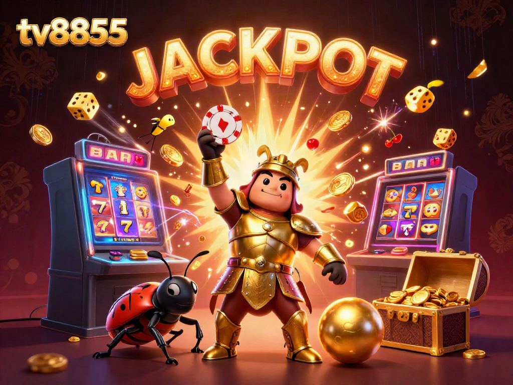 Experience the excitement at tv8855 with a herculean beetle championing a jackpot amidst vibrant casino elements.