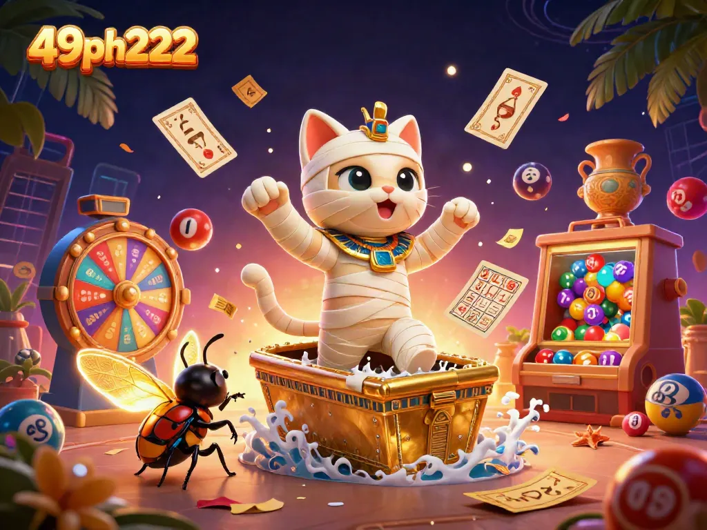 Engage with 49ph222 in an exciting cartoon Egyptian casino adventure featuring colorful lottery elements.