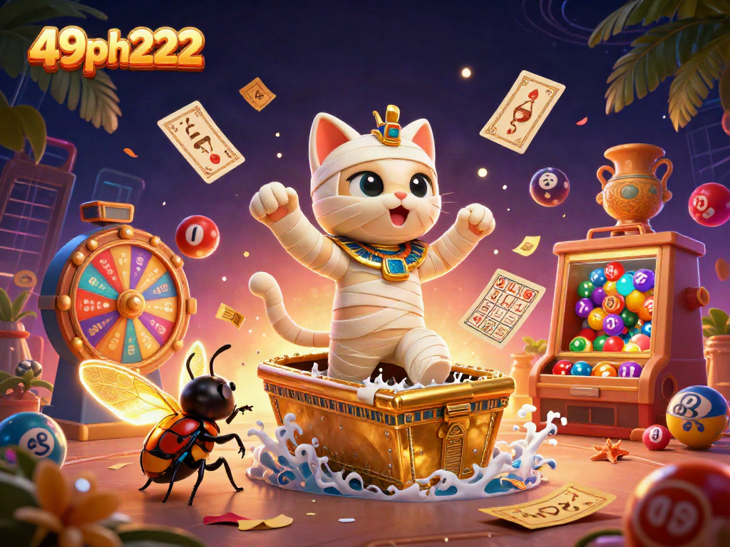 Engage with 49ph222 in an exciting cartoon Egyptian casino adventure featuring colorful lottery elements.