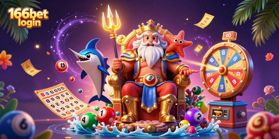 Engage with 166bet login via a thrilling 3D casino illustration featuring Neptune and dynamic game elements.