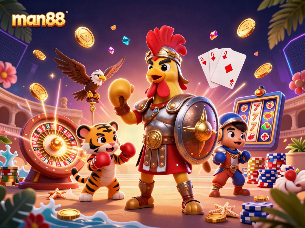 Experience man88's thrilling casino adventure with a gladiator rooster and vibrant game elements.