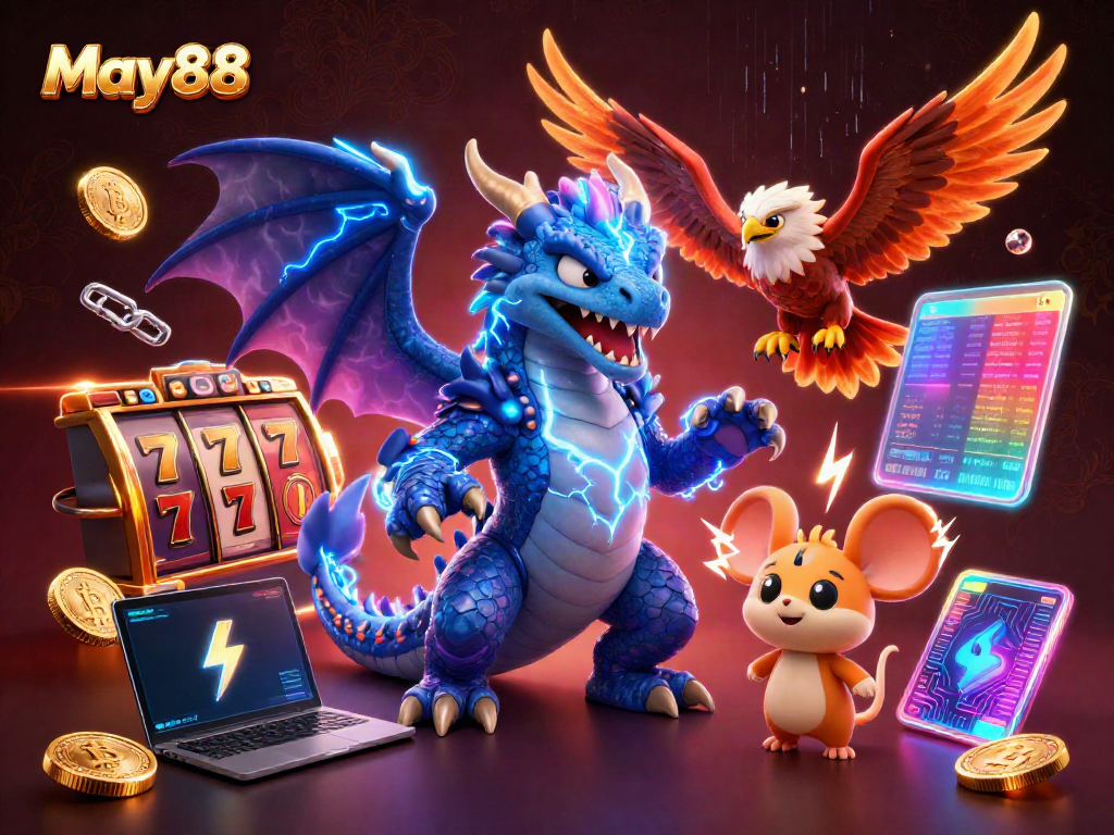 Experience the thrill at May88: dynamic 3D illustration of slot gaming with electrifying characters.