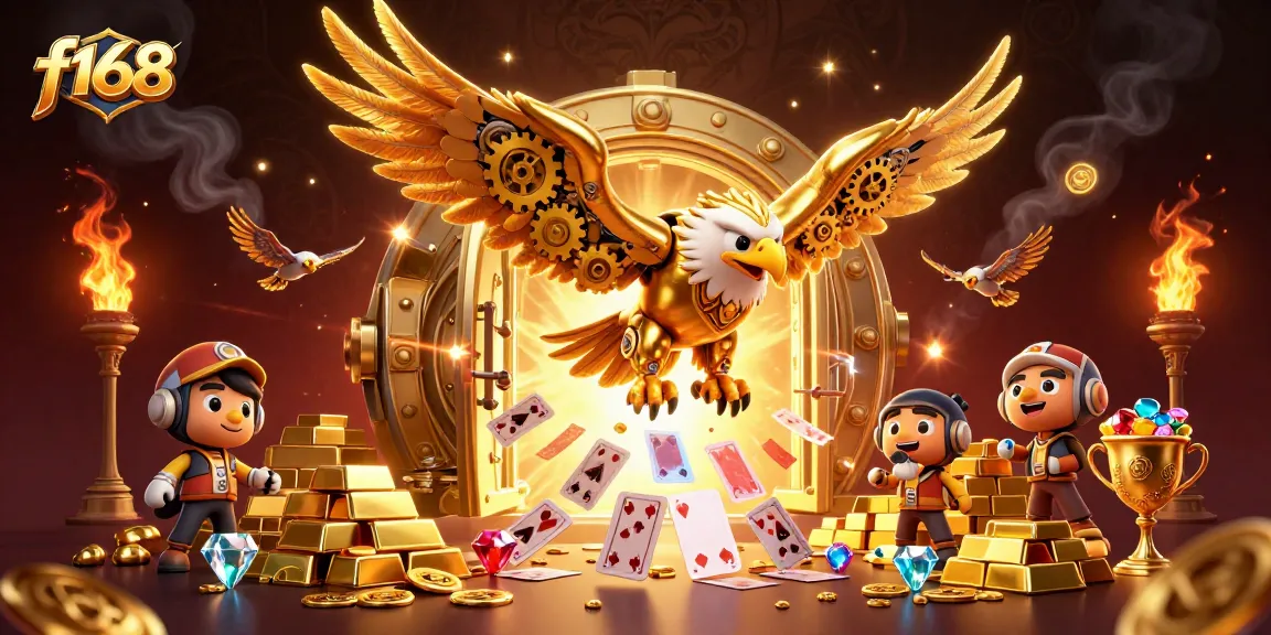 Experience thrilling wins at f168 with an electrifying digital illustration of a golden eagle soaring through gaming treasures.