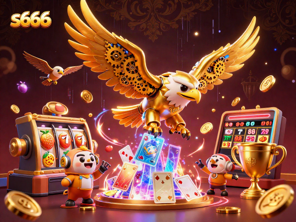 Engage in the thrilling action of s666 slots with a vibrant 3D illustration showcasing gaming elements.