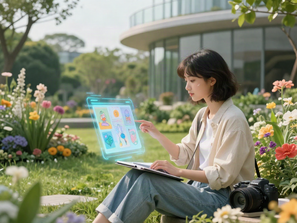 Exploring NSFW AI technology through digital avatar in a modern serene garden setting