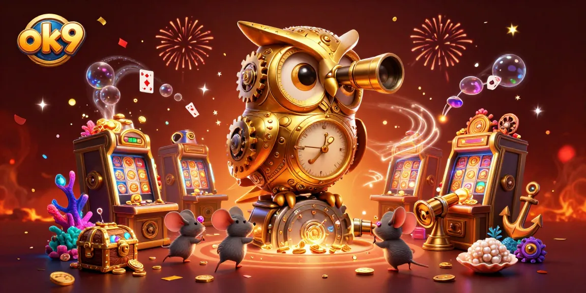 Engage with ok9's gaming excitement, showcasing a 3D owl overseeing vibrant casino adventures with treasure and playful elements.