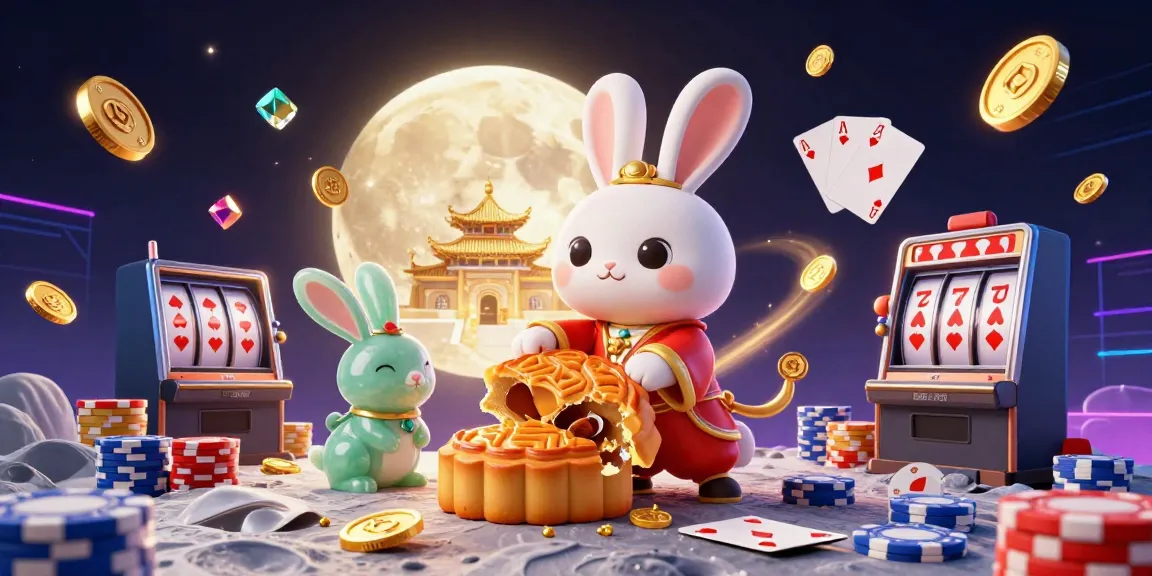 Engaging scene showcasing UK non gamstop casinos themed elements with cartoon moon rabbit and poker chips.