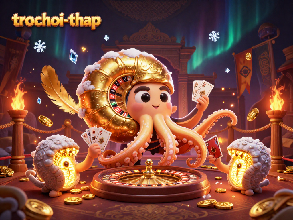 Engage in the thrilling trochoi-thap adventure with golden nautilus and glowing companions in a vibrant casino scene.