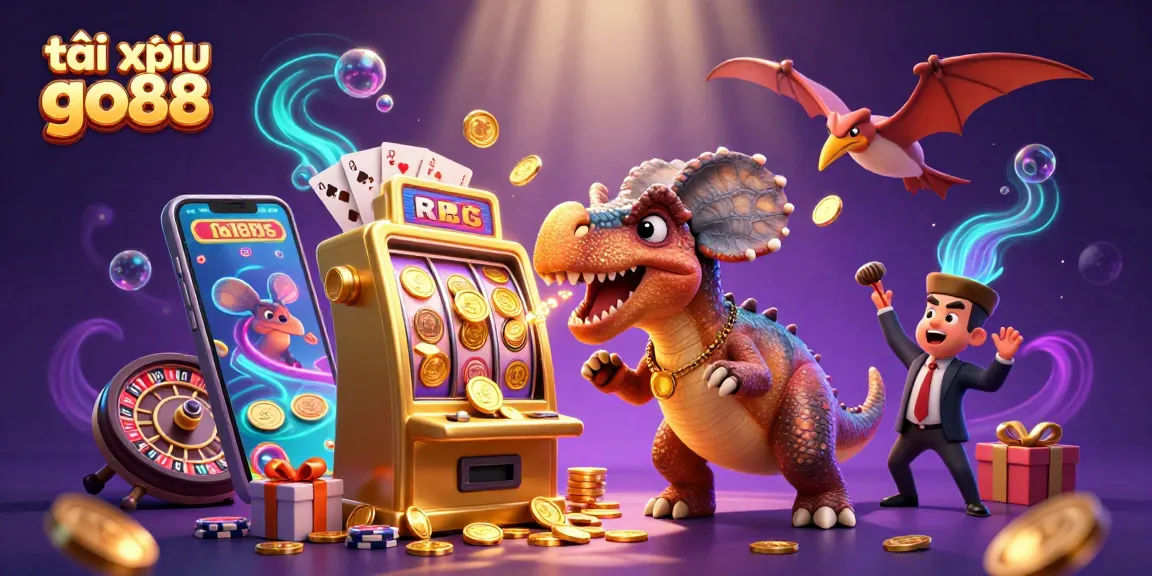 Tài xỉu go88 illustration of playful dinosaurs interacting with casino elements amidst a dazzling backdrop.