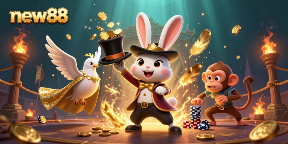 Experience the excitement of new88 with a magician rabbit and friends immersed in a vibrant casino scene.