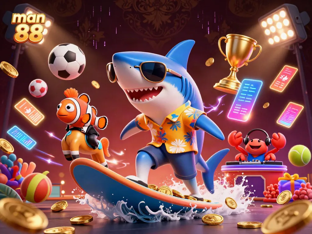 Experience thrilling gaming at man 88 with a dynamic scene of a shark surfer and sports elements.