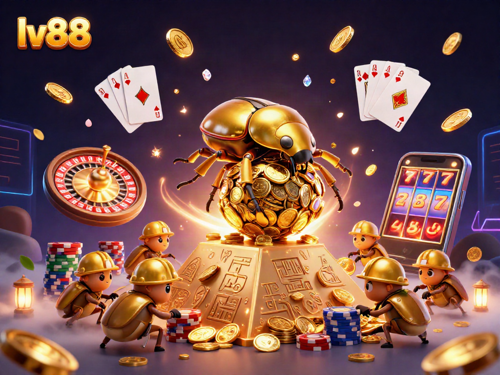 Spin to win with lv88 at a lavish casino scene featuring golden coins and jackpots!