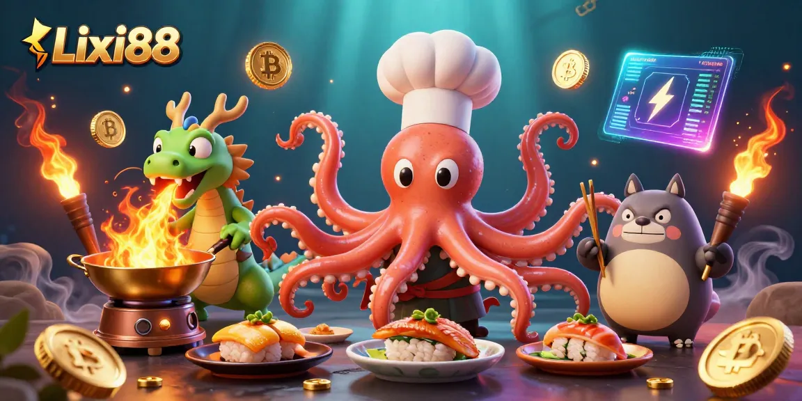 Lixi88 showcases a vibrant 3D casino scene featuring an octopus chef preparing dishes among crypto coins.