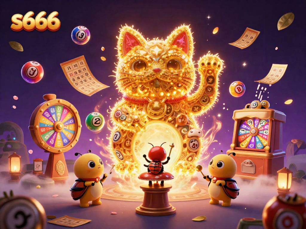 s666 captures players’ attention with a vibrant scene of a golden lucky cat surrounded by festive casino elements.