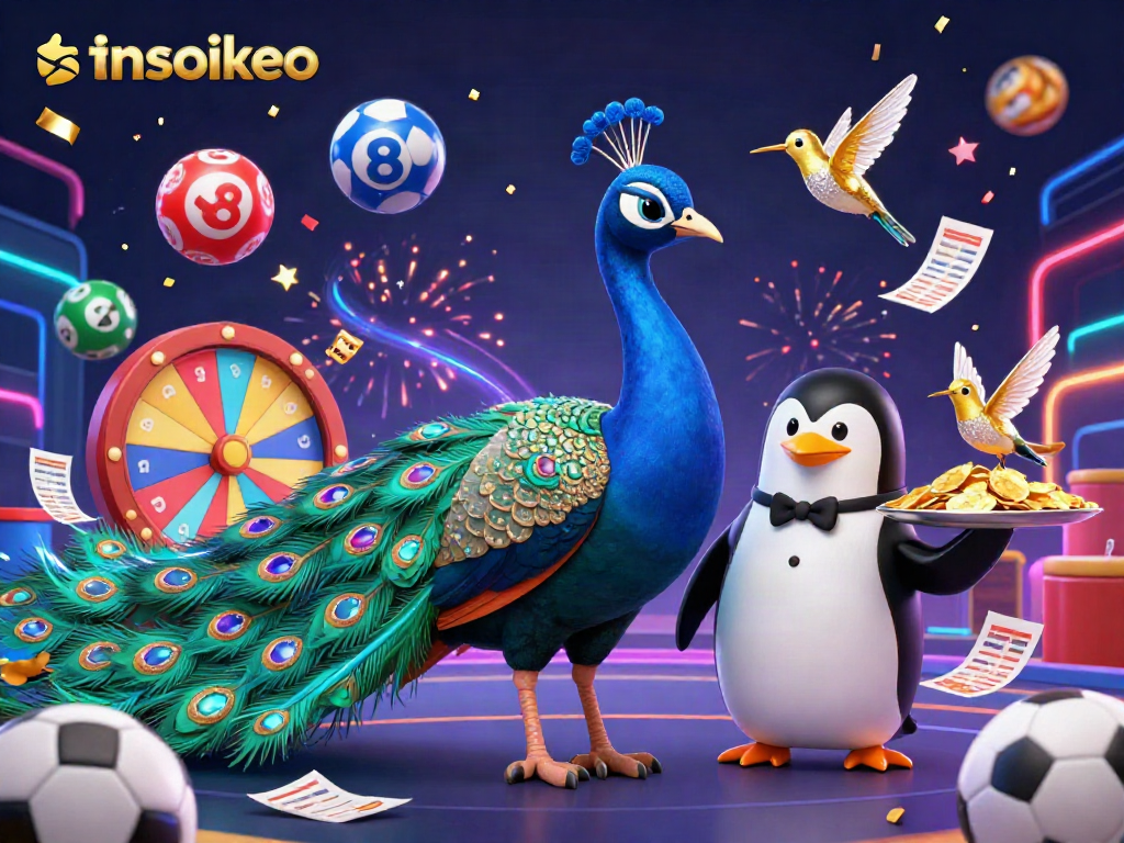 Experience thrilling sports betting with tinsoikeo as a peacock showcases dazzling gems, a penguin presents gold chips, and excitement fills the air.