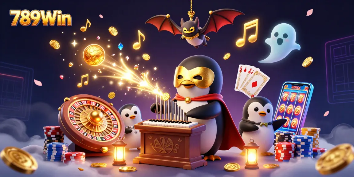 Experience thrilling games at 789Win with lively scenes of a penguin playing organ and golden coins cascading.