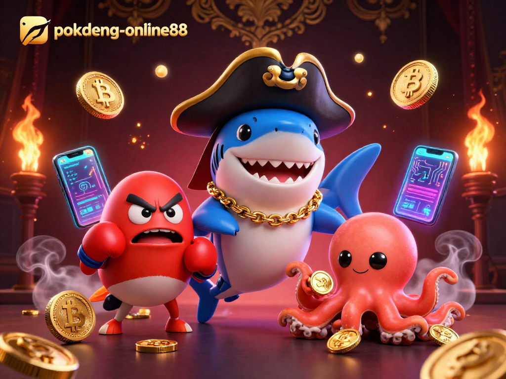 Engage with thrilling gameplay at pokdeng-online88, featuring a whimsical pirate shark, pufferfish sidekick, and octopus with gold coins.