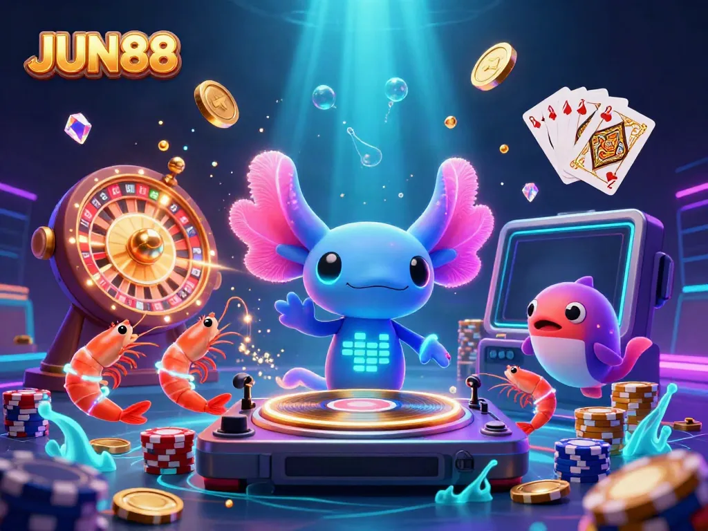 Experience thrilling gameplay at JUN88 with vibrant 3D casino elements including axolotl DJ and glowing coins.