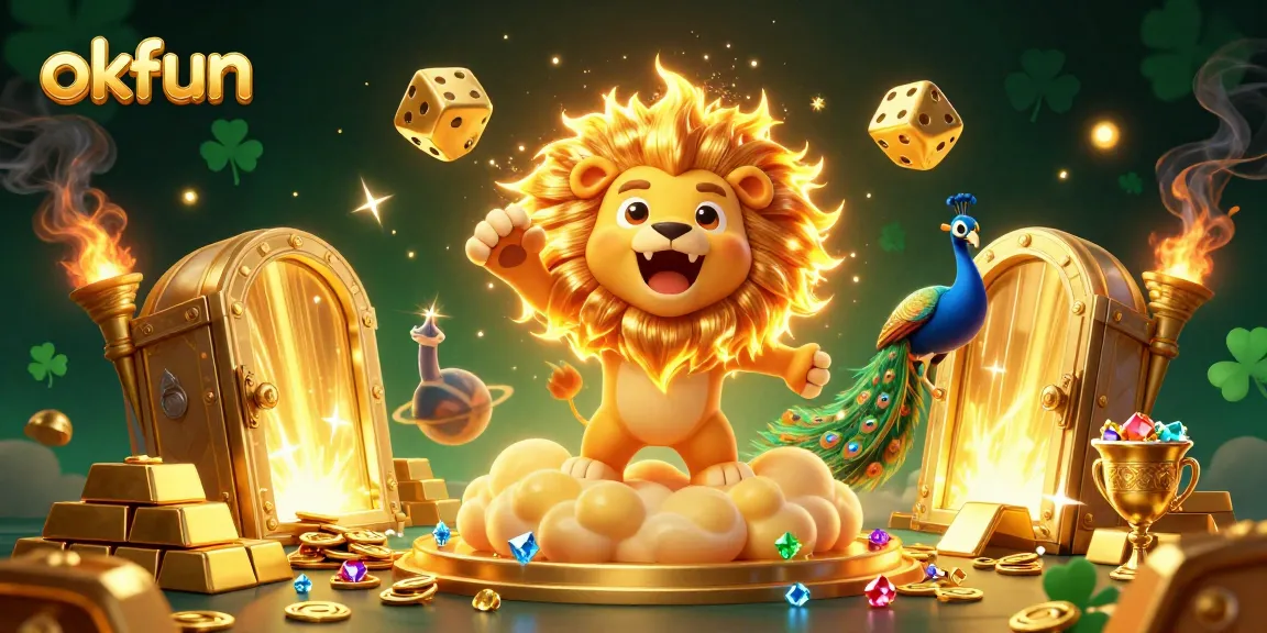 okfun slots action with a roaring lion and golden dice in a vibrant 3D casino scene