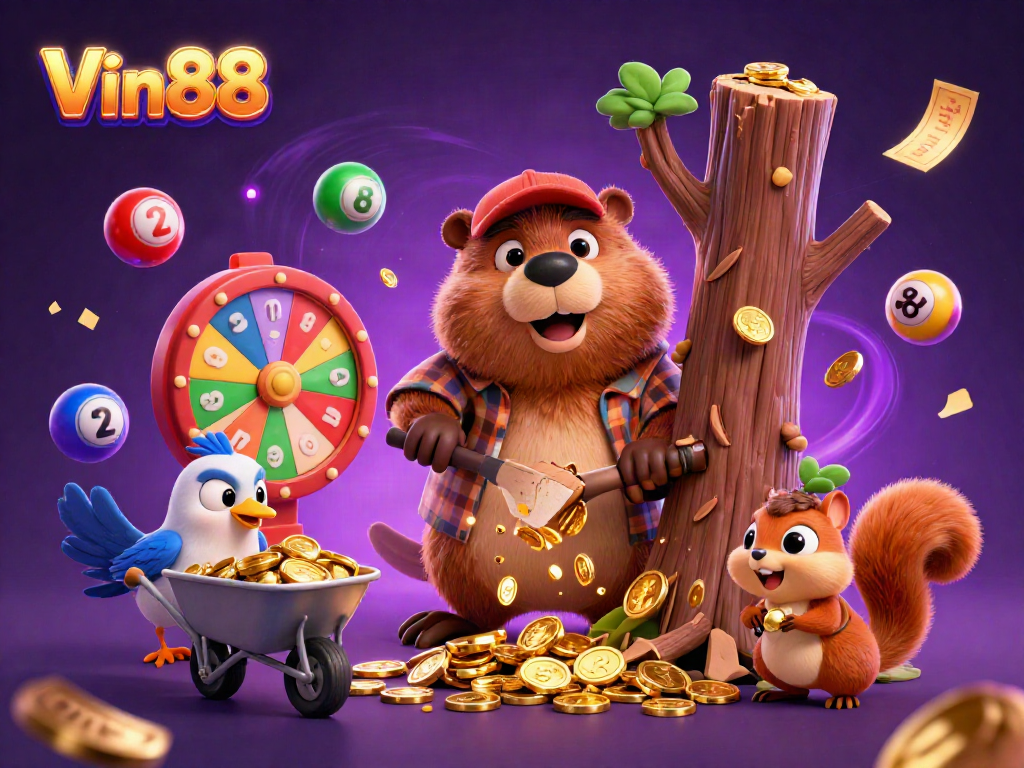Experience the excitement of Vin88 with golden coins raining down, vibrant lottery elements, and lively characters!