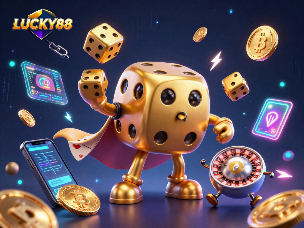 LUCKY88 unleashes winning vibes with a golden dice golem and glowing crypto elements.