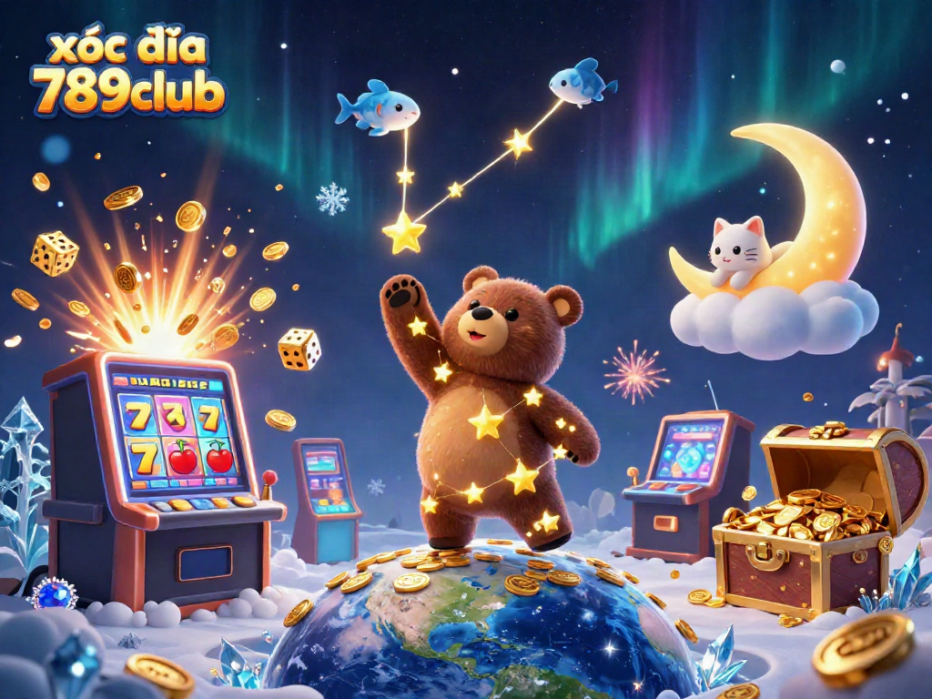 Experience the excitement of xóc đĩa 789club with vibrant casino-themed illustration featuring a constellation bear and jackpot elements.