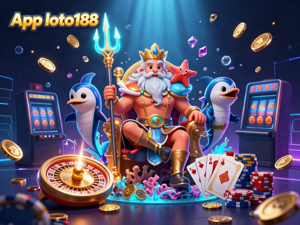Join the fun gaming action with App loto188 featuring vibrant sea king Neptune and exciting casino elements.