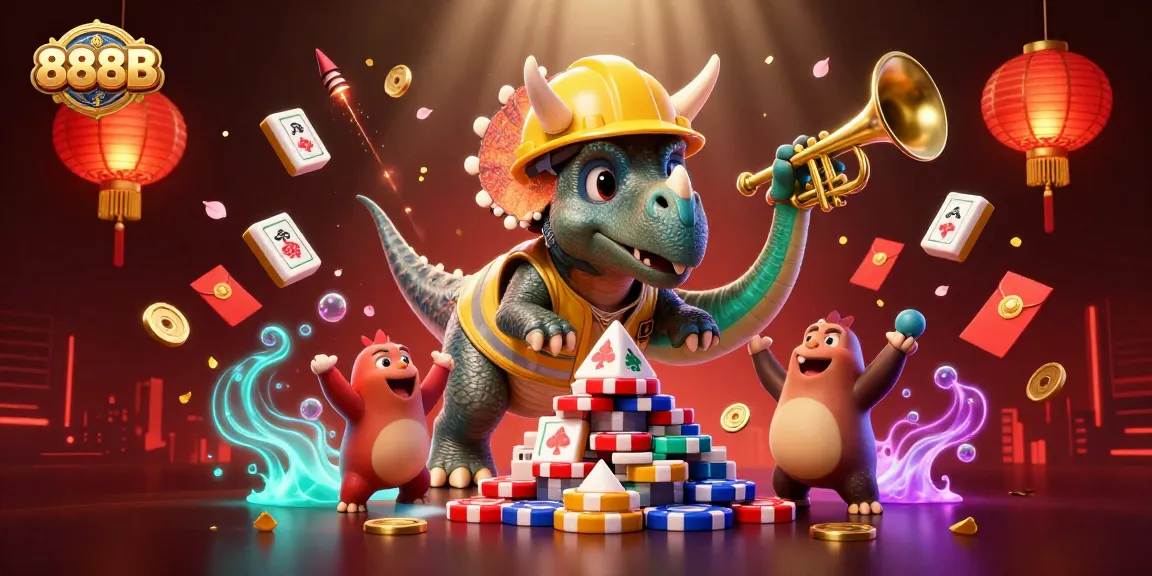 Engage with 888B as the triceratops builds poker chip pyramids in a vibrant casino scene