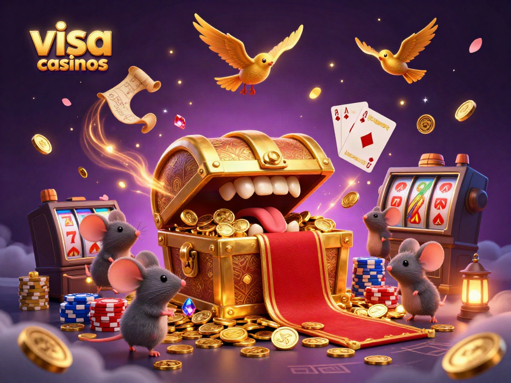 Exciting scene showcasing visa casinos with animated treasure chest luring adventurer mice amidst flying coins and colorful game elements.