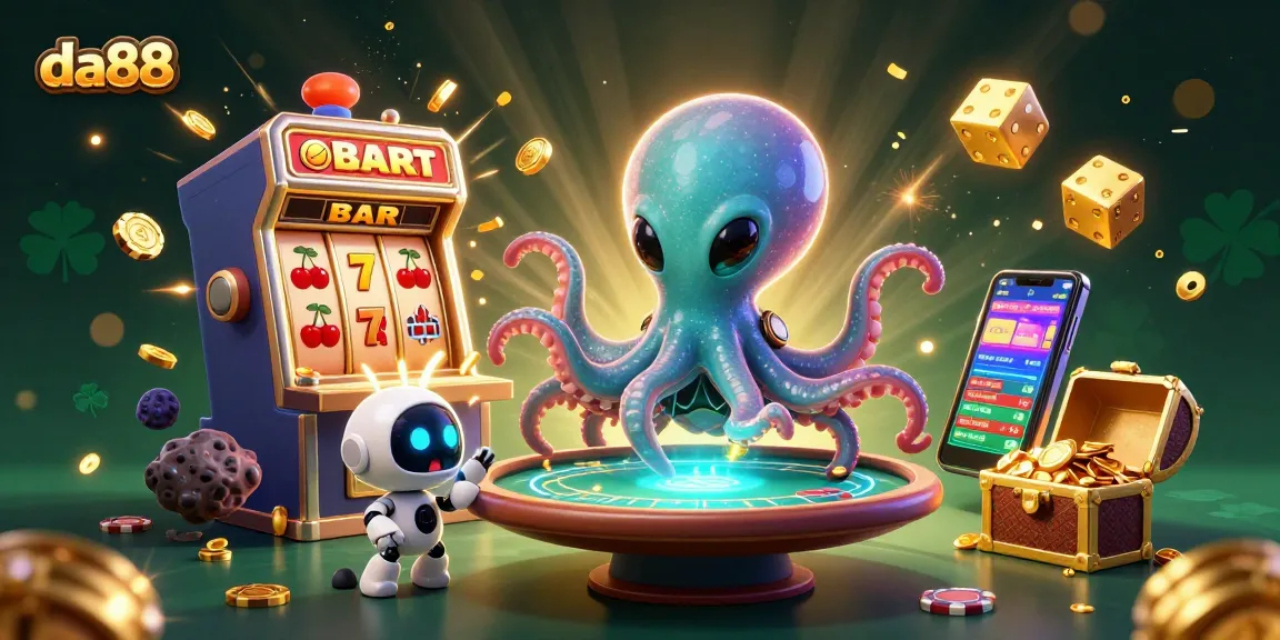 Win big with da88 as an alien octopus deals cards at a vibrant casino scene.