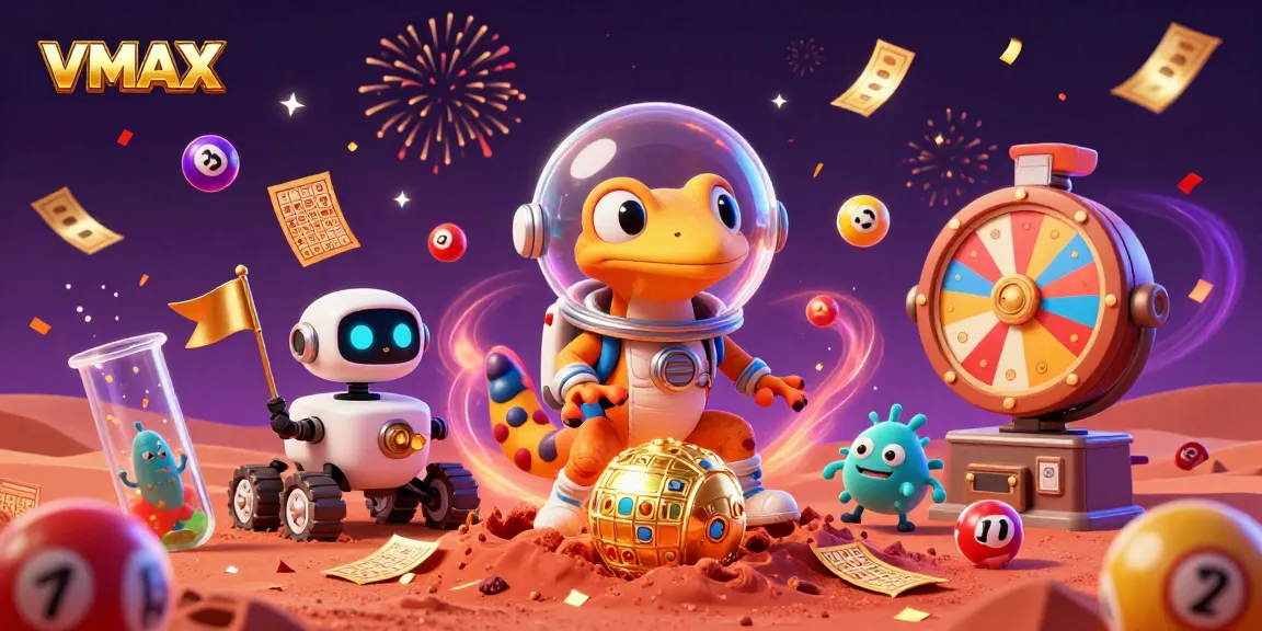 VMAX casino adventure features a Martian gecko exploring a golden casino with vibrant game elements.