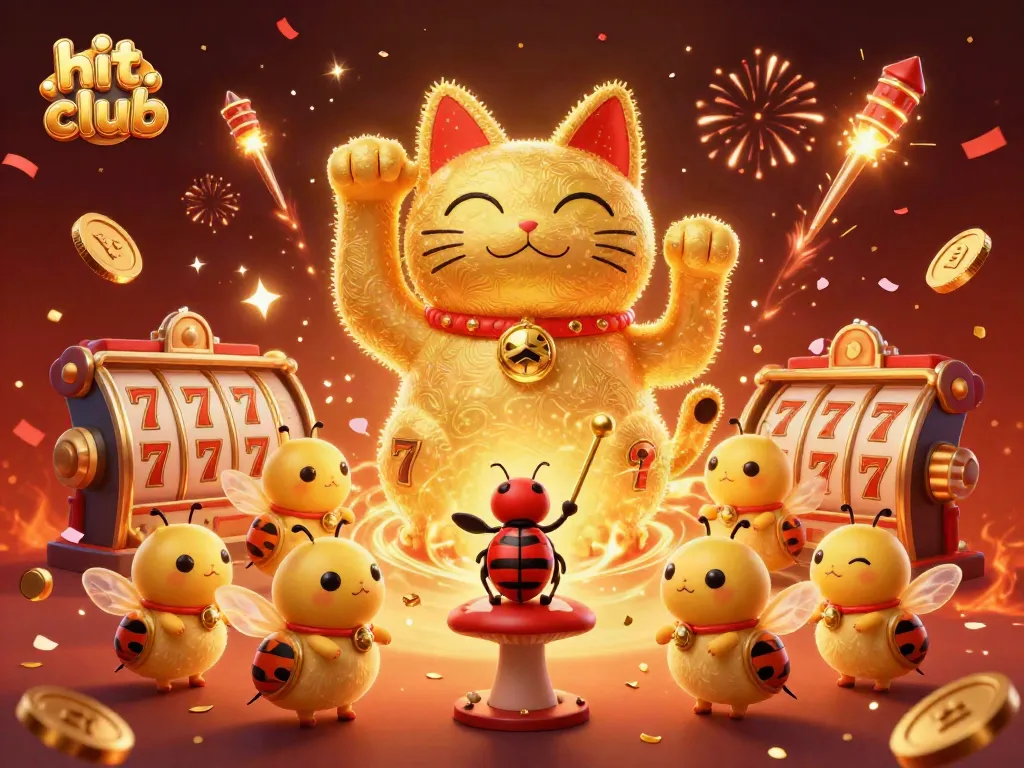 Join the excitement at hit club with a lively lucky cat surrounded by dazzling casino symbols and joyful elements.