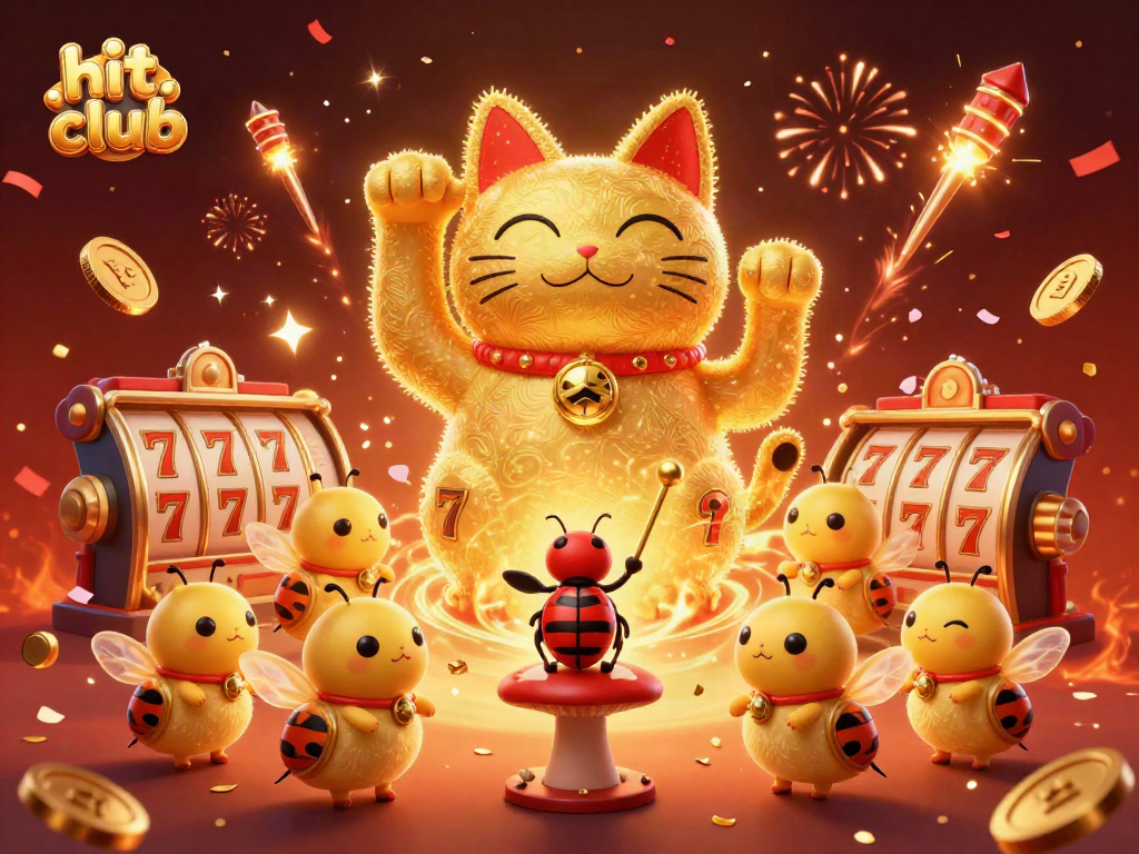 Join the excitement at hit club with a lively lucky cat surrounded by dazzling casino symbols and joyful elements.