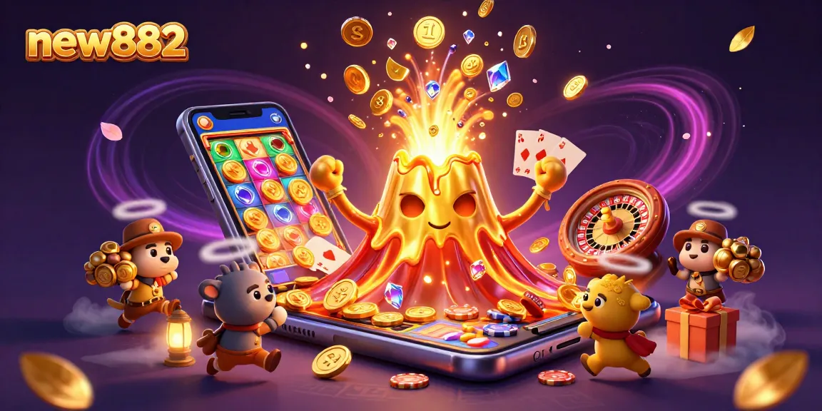 Experience jackpots and thrills with new882 in this vibrant casino-themed 3D illustration.