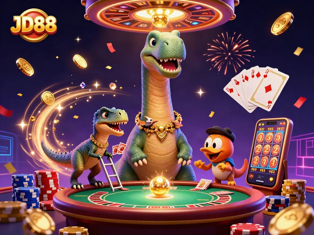 Experience thrilling action in JD88 online casino with an imaginative 3D dinosaur scene.