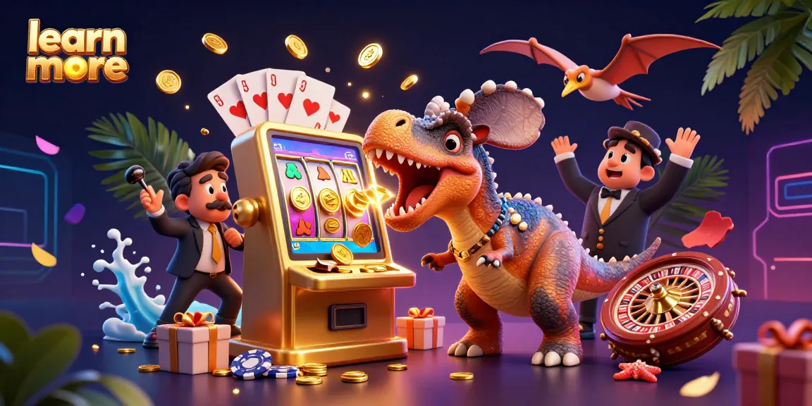 Engage with top crypto betting through this vibrant scene featuring a pachycephalosaurus at a golden slot machine, while a pteranodon catches flying coins, showcasing exciting gaming action.